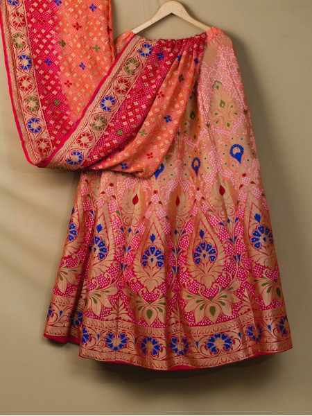 Banarasi Meenakari Lehenga - Peach Coral Shaded