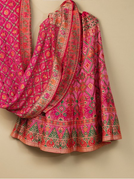 Banarasi Patola Weave Lehenga - Gajri Strawberry