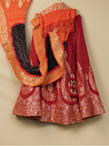 Banarasi Upada Lehenga - Orange Red Black