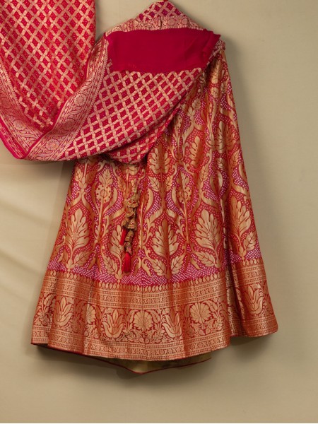 Banarasi Bandhej Lehenga - Coral Red