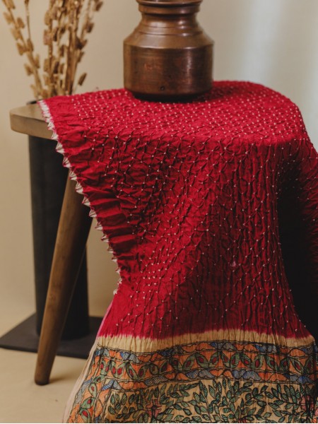 Madhubani Hand Painted Bandhani Saree - Blood Red