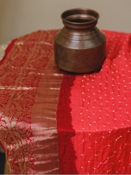 Kanjivaram Border Pure Gaji Silk - Coral Red