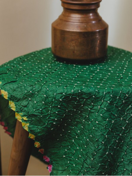 Madhubani Hand Painted Bandhani Saree - Bottle Green