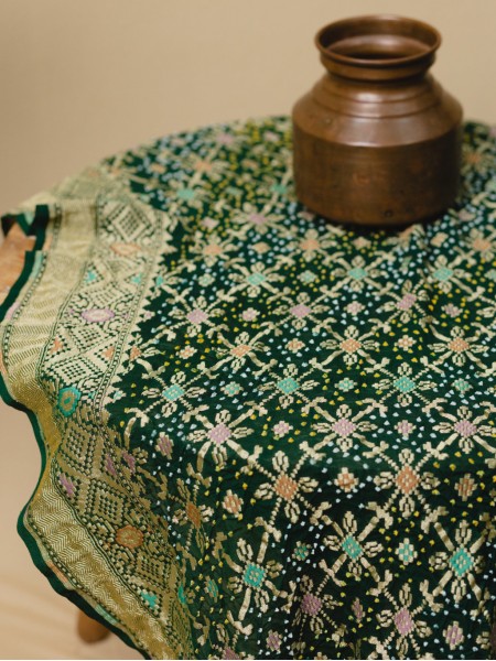 Banarasi Patola Meenakari Saree - Bottle Green